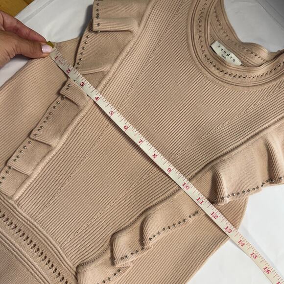 Sandro Dress Tilla Ruffle-Trimmed Embellished Ribbed-Knit Mini In Blush Sz XS/S - Picture 8 of 10
